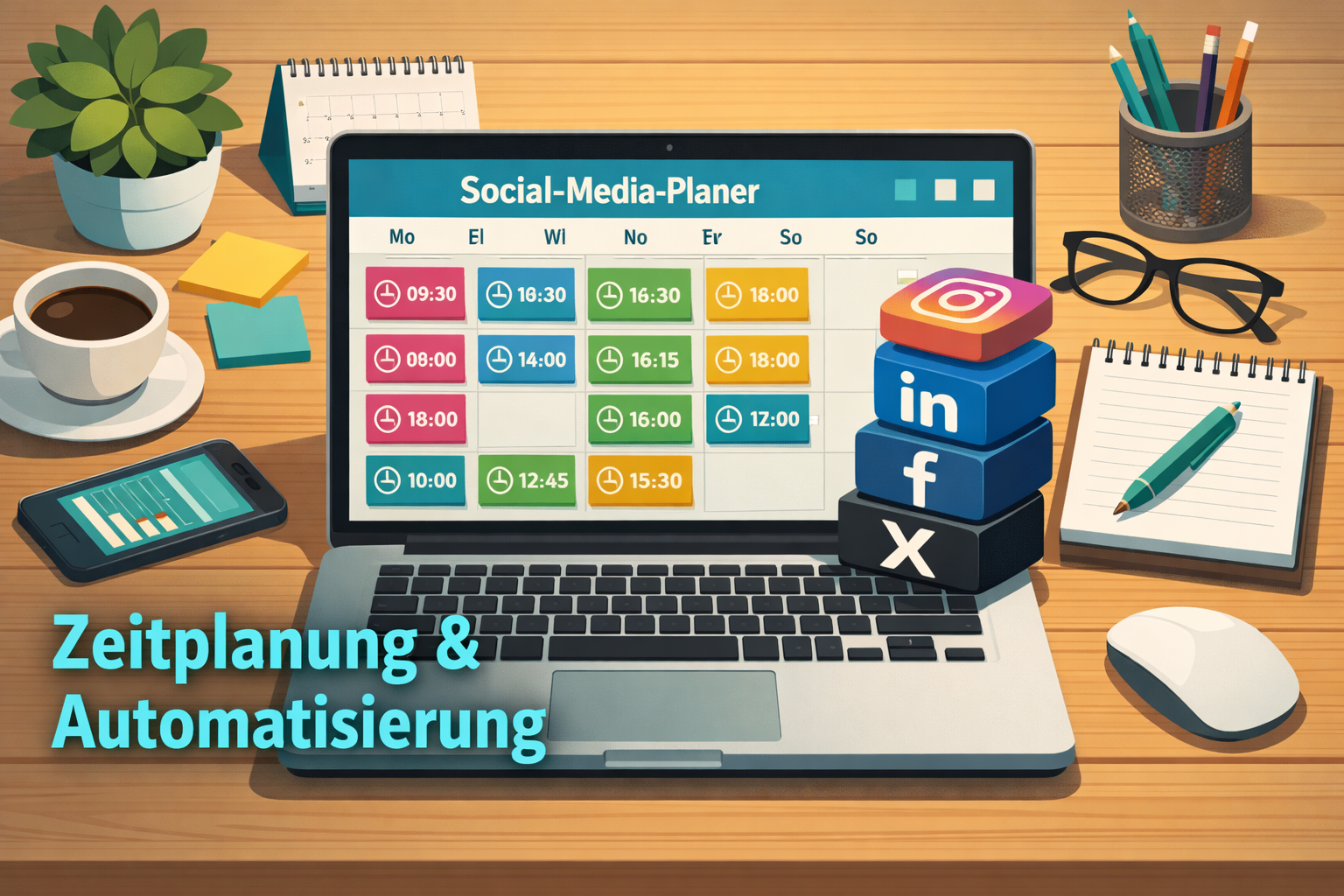 () illustration showing a bird's-eye view of a marketer's desk with a laptop displaying a social media scheduling dashboard,