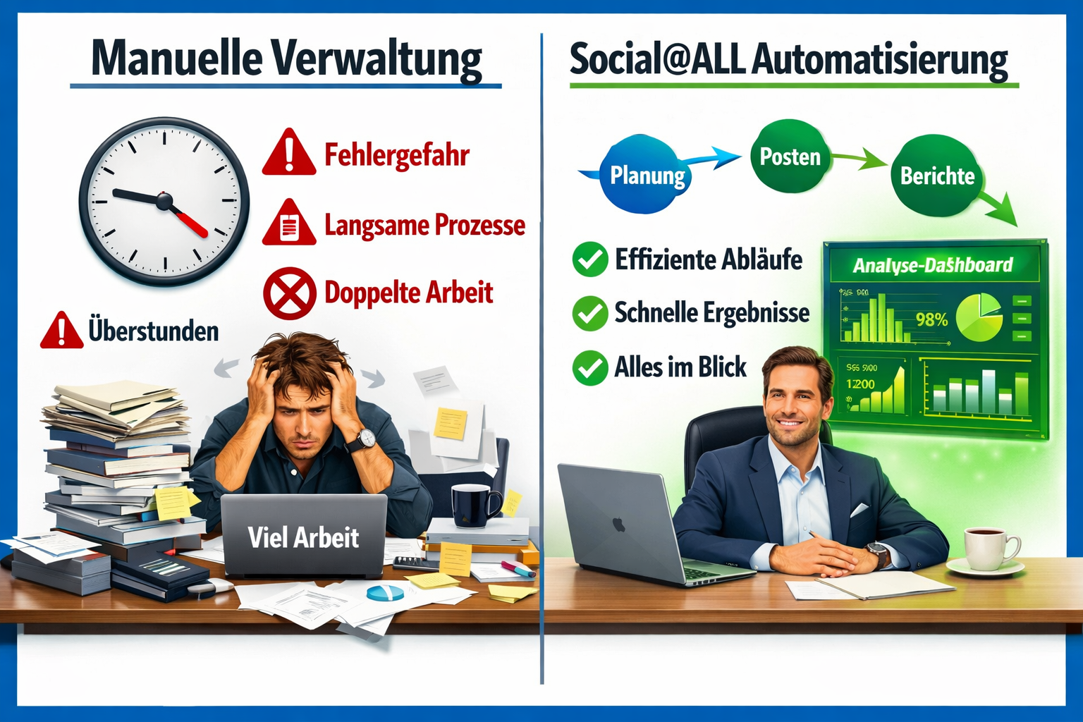 () infographic-style image showing a side-by-side comparison panel: left side labeled 'Manuelle Verwaltung' with a stressed