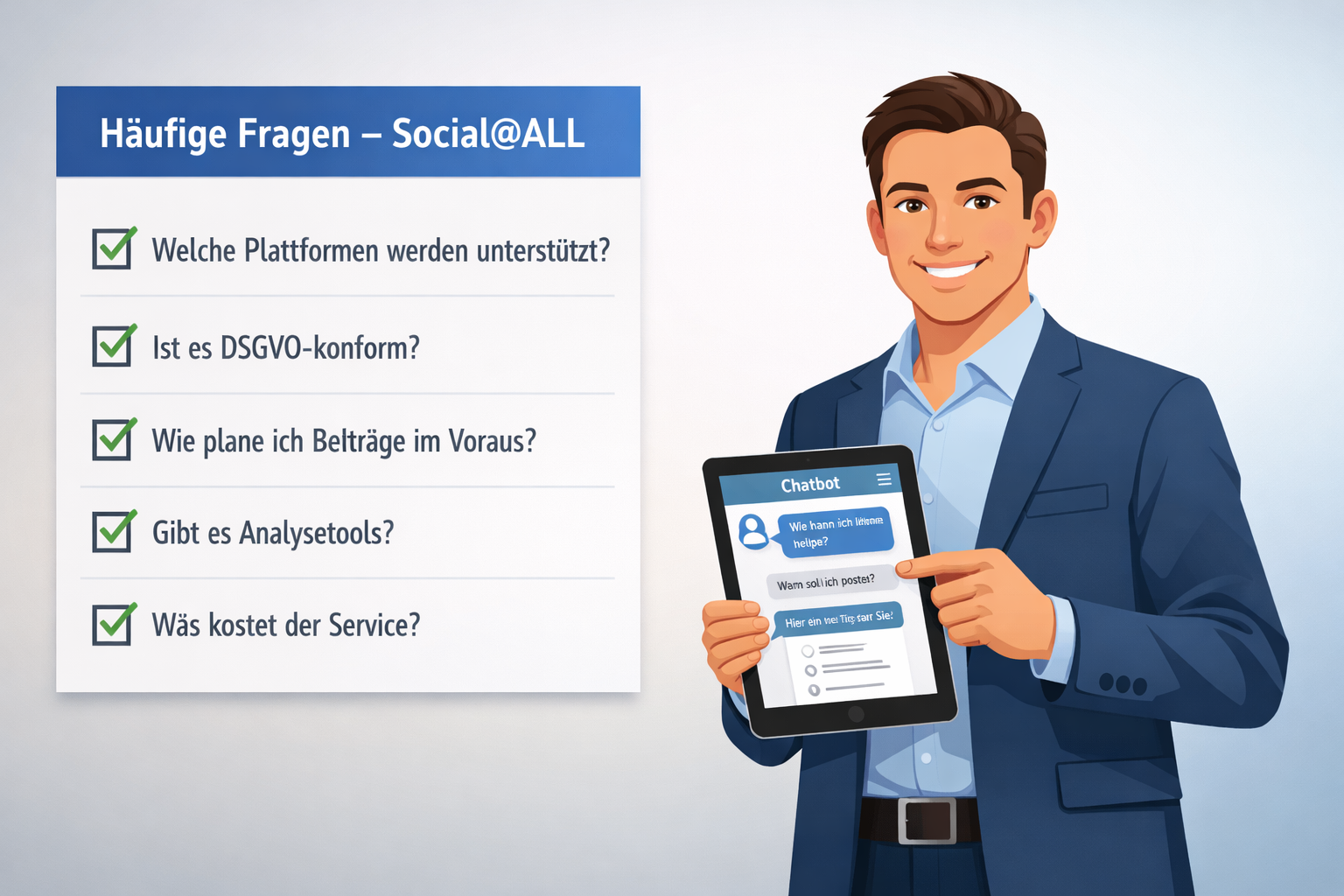 () FAQ and tips visual: a clean split-layout image with left panel showing a checklist graphic titled 'Häufige Fragen –