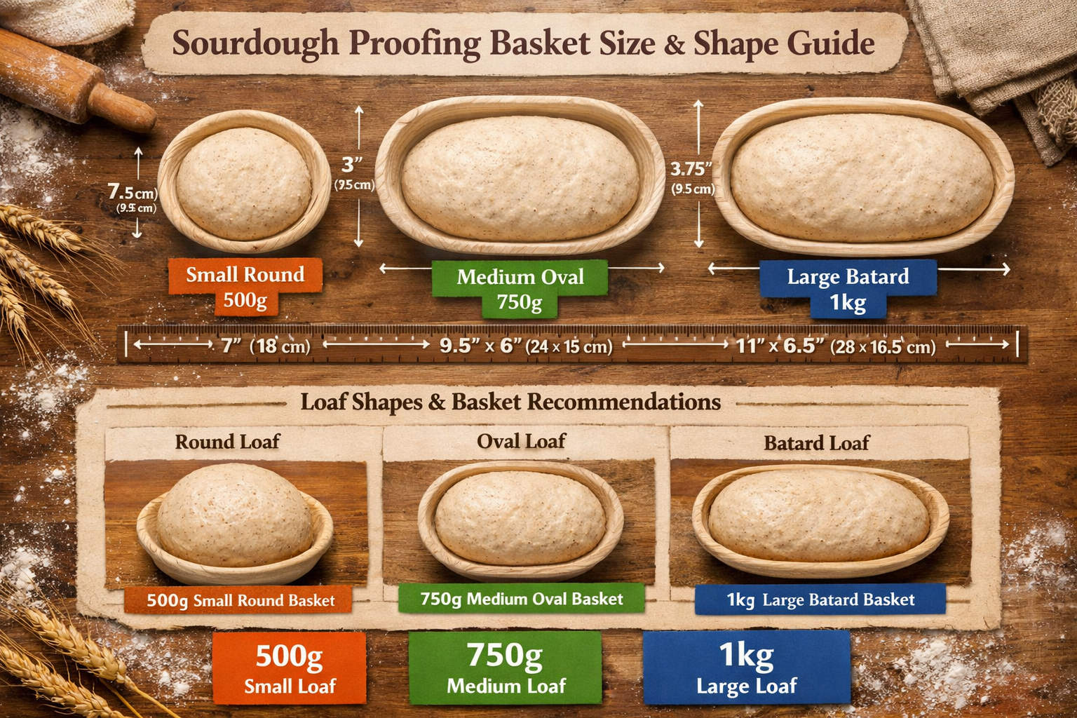 Comprehensive sourdough proofing basket size and shape selection guide. Overhead photographic layout displaying multiple basket sizes: small