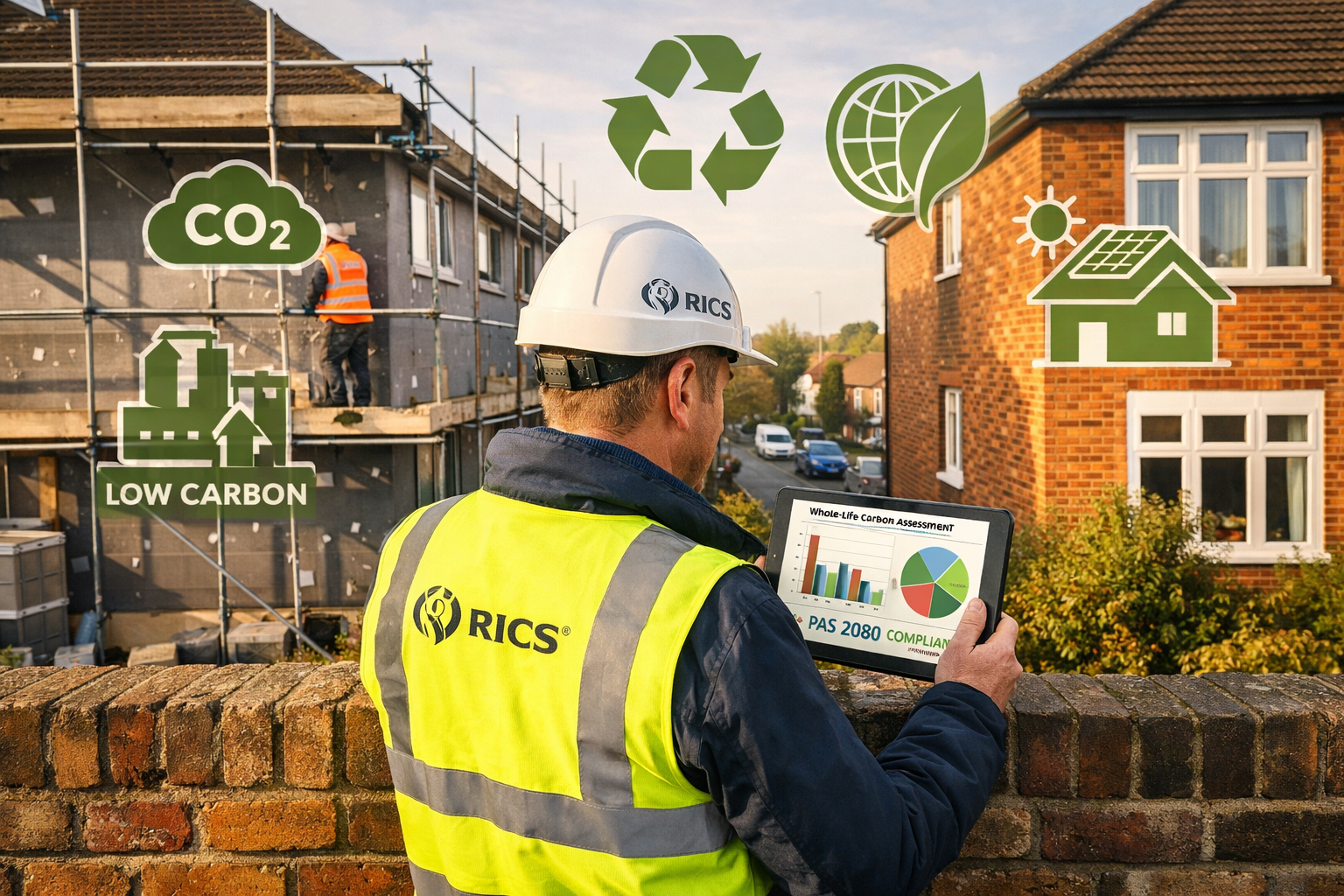 Wide-angle editorial photograph of a RICS chartered surveyor in high-visibility vest and hard hat standing at a party wall