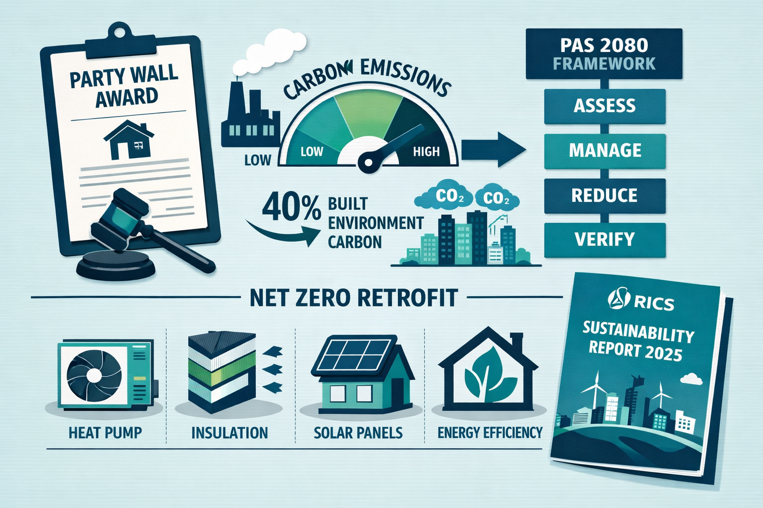 Flat-lay infographic style illustration showing a party wall award document alongside a carbon emissions measurement