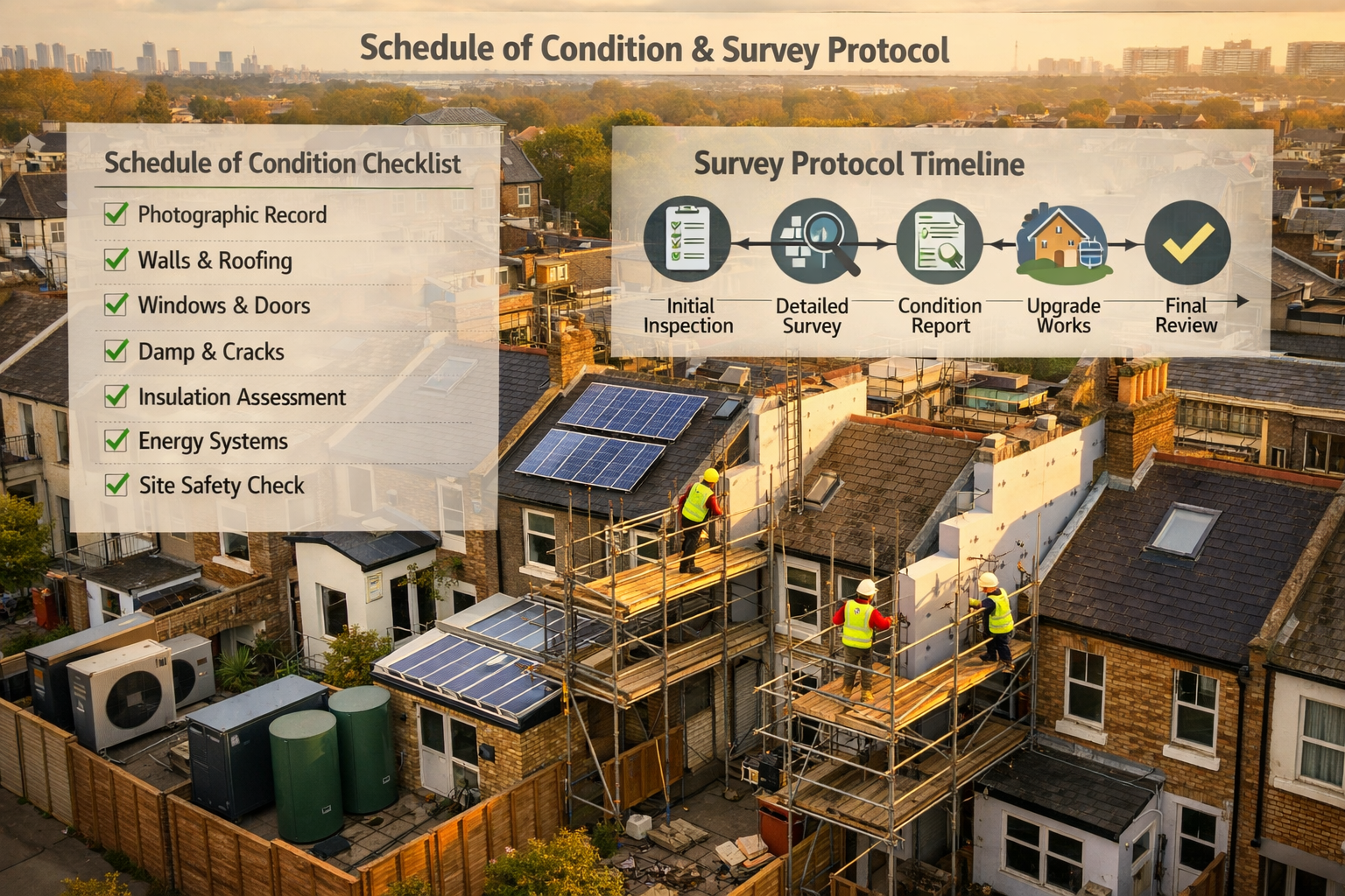 Aerial drone-perspective photograph of a row of London Victorian terraced houses undergoing boundary renovation works, with