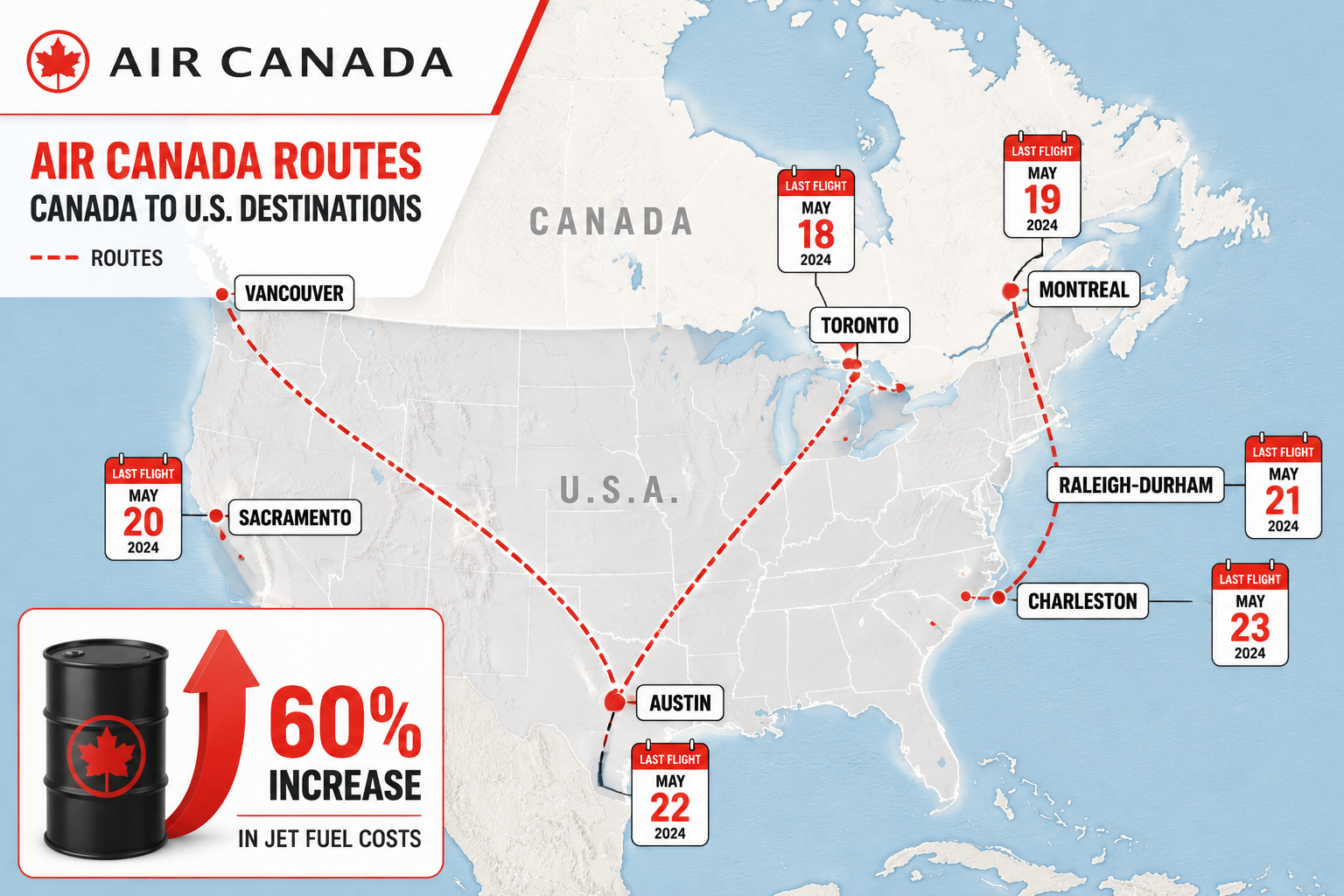 Detailed () infographic-style image showing a stylized map of North America with four highlighted route lines from Canadian