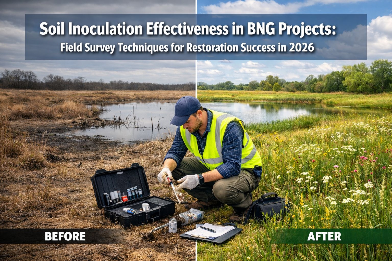 Professional landscape format (1536x1024) hero image with bold text overlay: 'Soil Inoculation Effectiveness in BNG Projects: Field Survey T