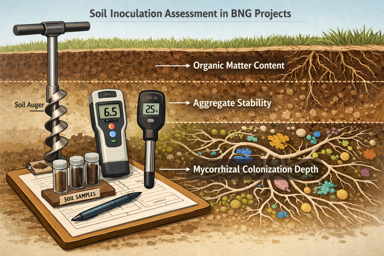 Landscape format (1536x1024) detailed illustration showing field survey equipment and techniques for soil inoculation assessment in BNG proj