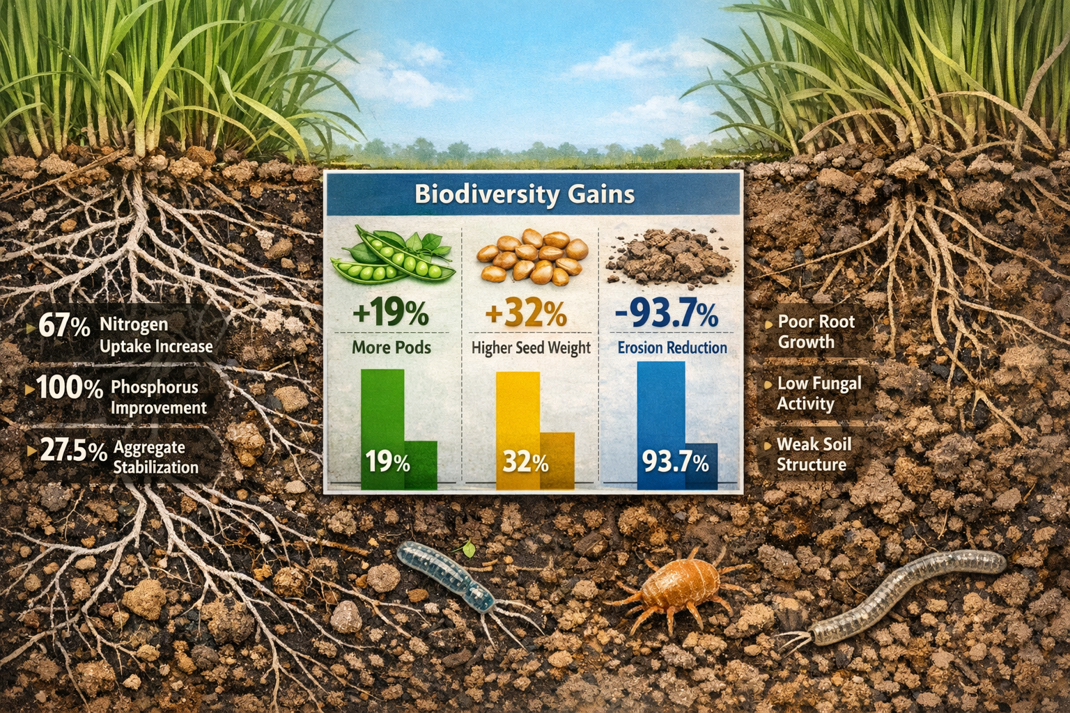 Landscape format (1536x1024) split-screen comparative visualization showing soil inoculation effectiveness metrics in BNG restoration projec