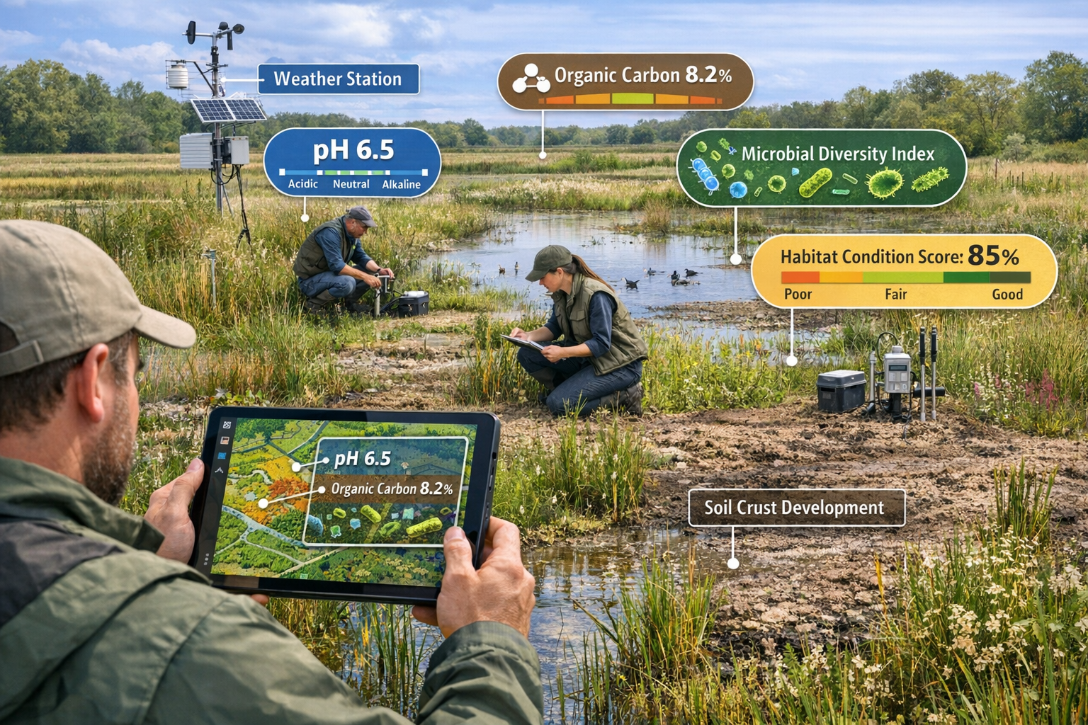 Landscape format (1536x1024) comprehensive field monitoring scene showing ecologist team conducting biodiversity assessment in rewetted farm