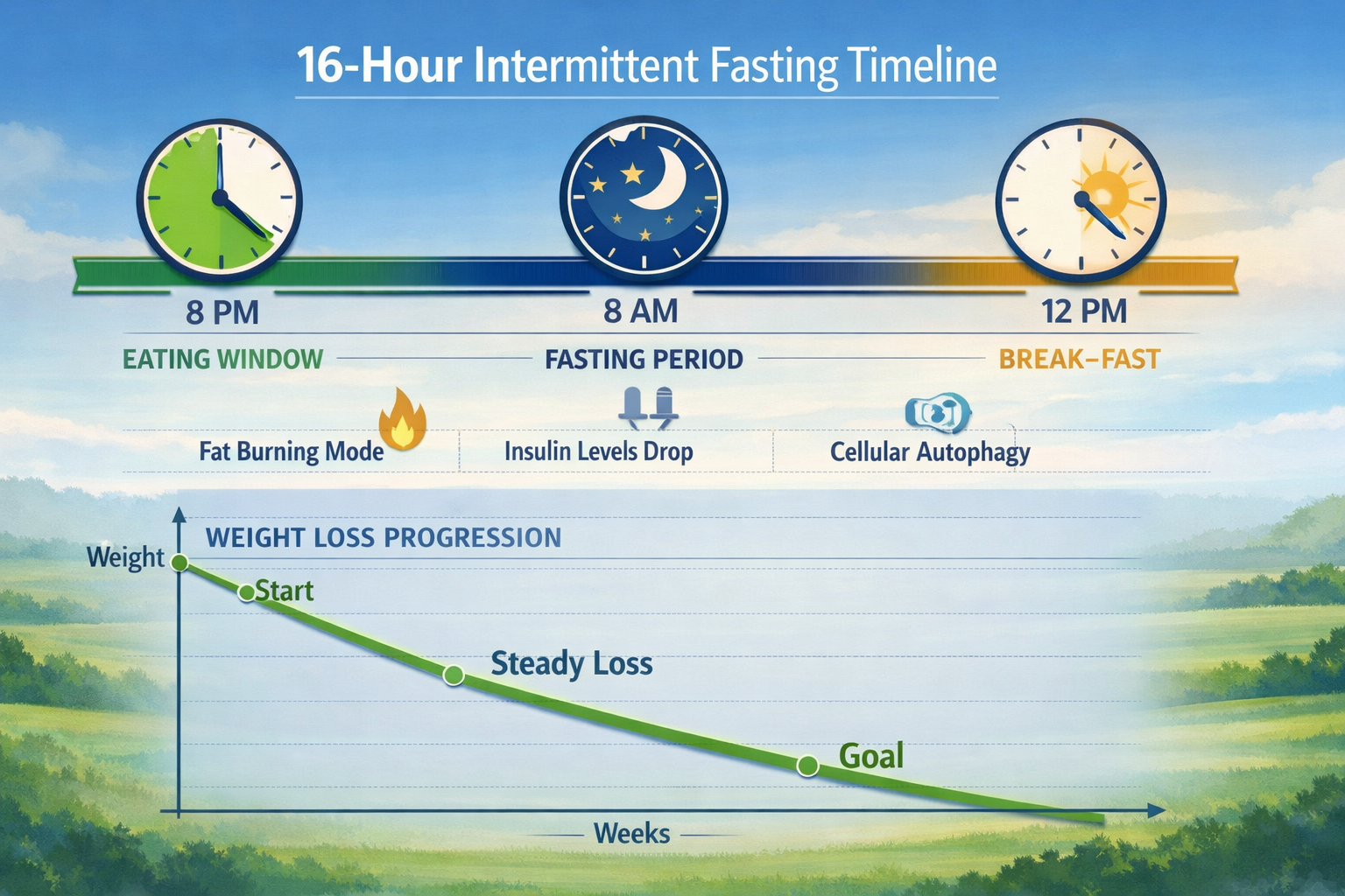 Detailed infographic illustration showing 16-hour intermittent fasting timeline on horizontal axis from 8pm to 12pm next day, with clock ico