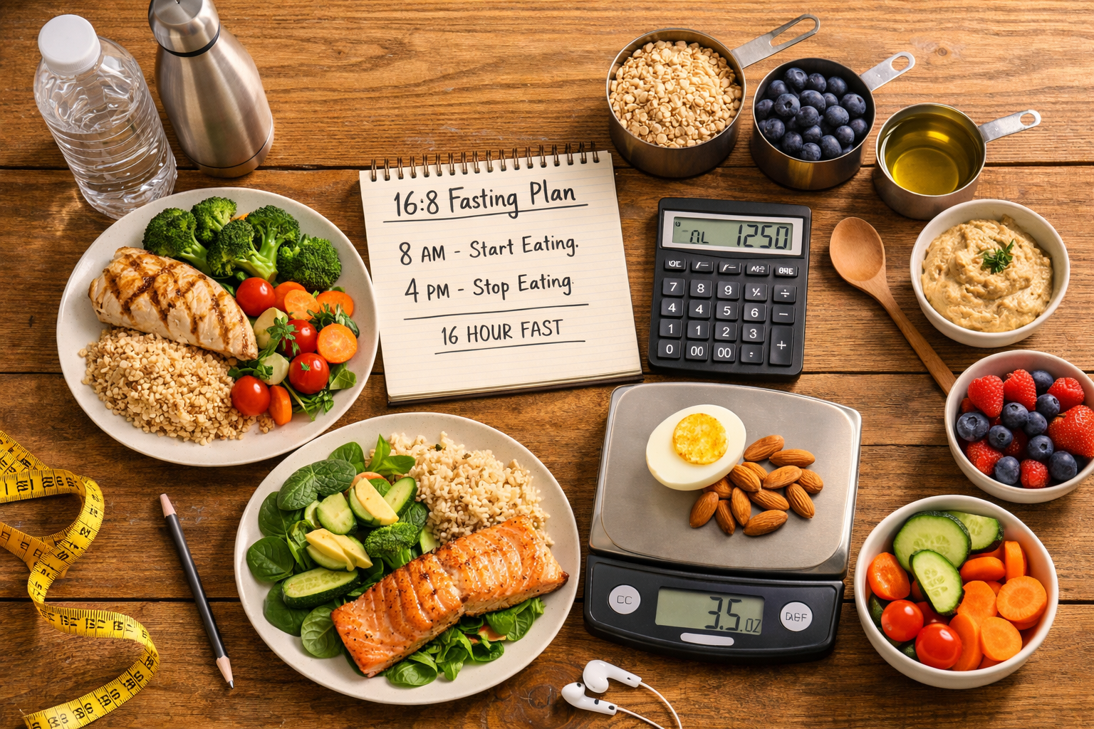 Realistic composition showing healthy meal planning setup for 16-hour fasting protocol, wooden table with portion-controlled plates, nutriti
