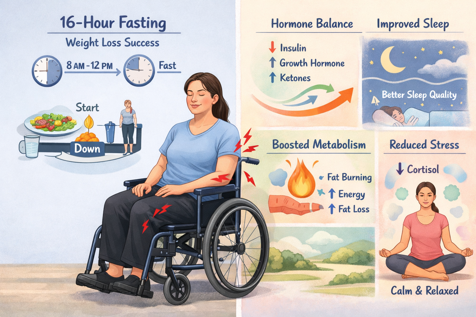 Split-screen comparison illustration showing two scenarios: left side depicts person with physical limitations (wheelchair, chronic pain ind