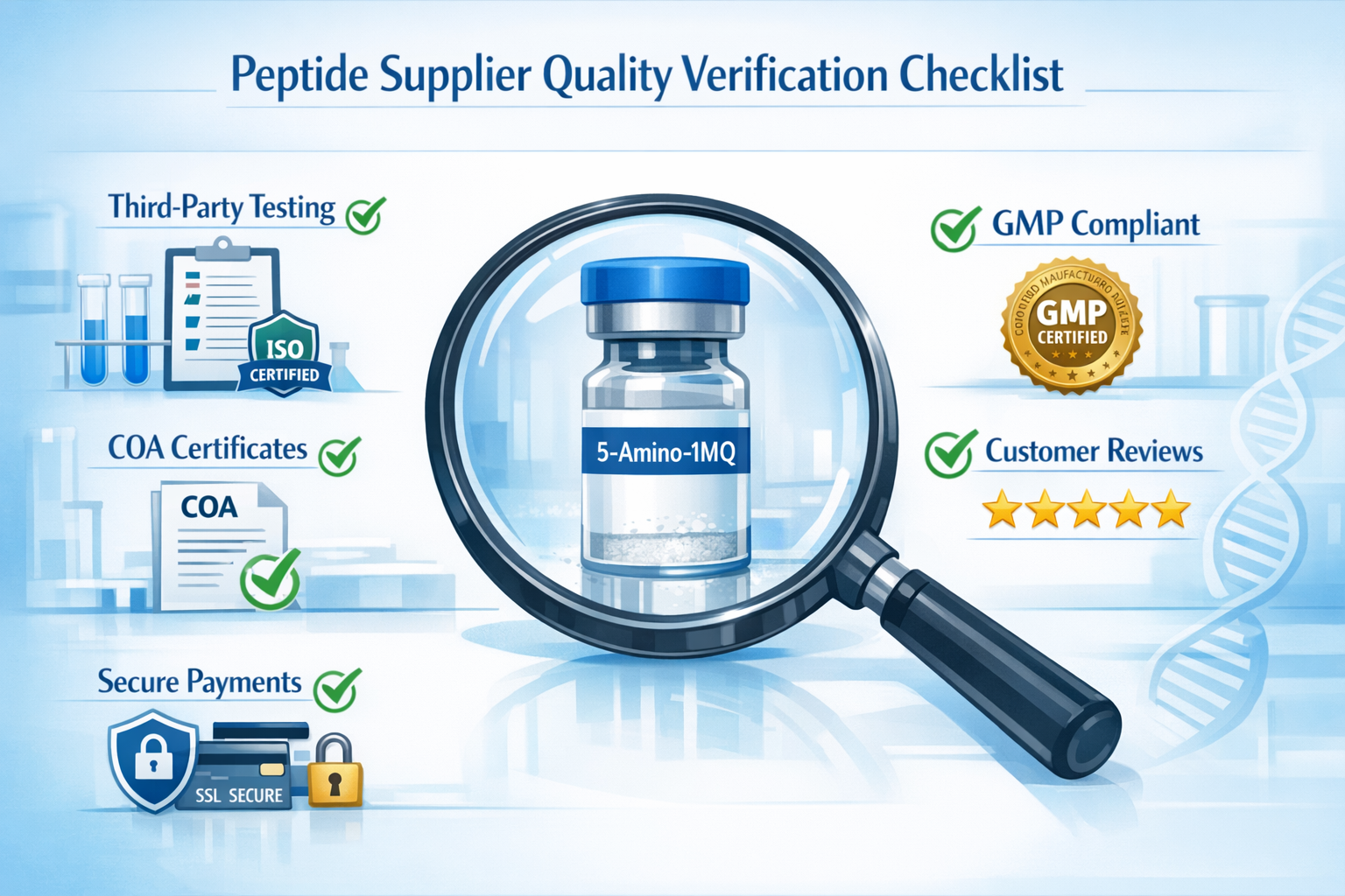 Detailed landscape infographic (1536x1024) showing quality verification checklist for peptide suppliers with icons for third-party testing, 