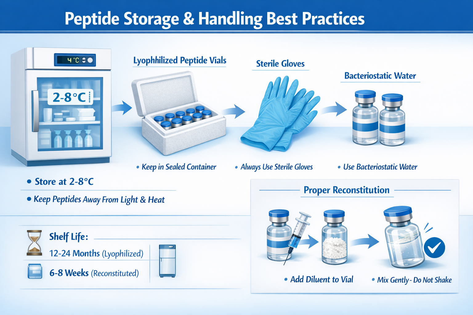 Landscape infographic (1536x1024) illustrating peptide storage and handling best practices: laboratory-grade refrigerator with temperature d