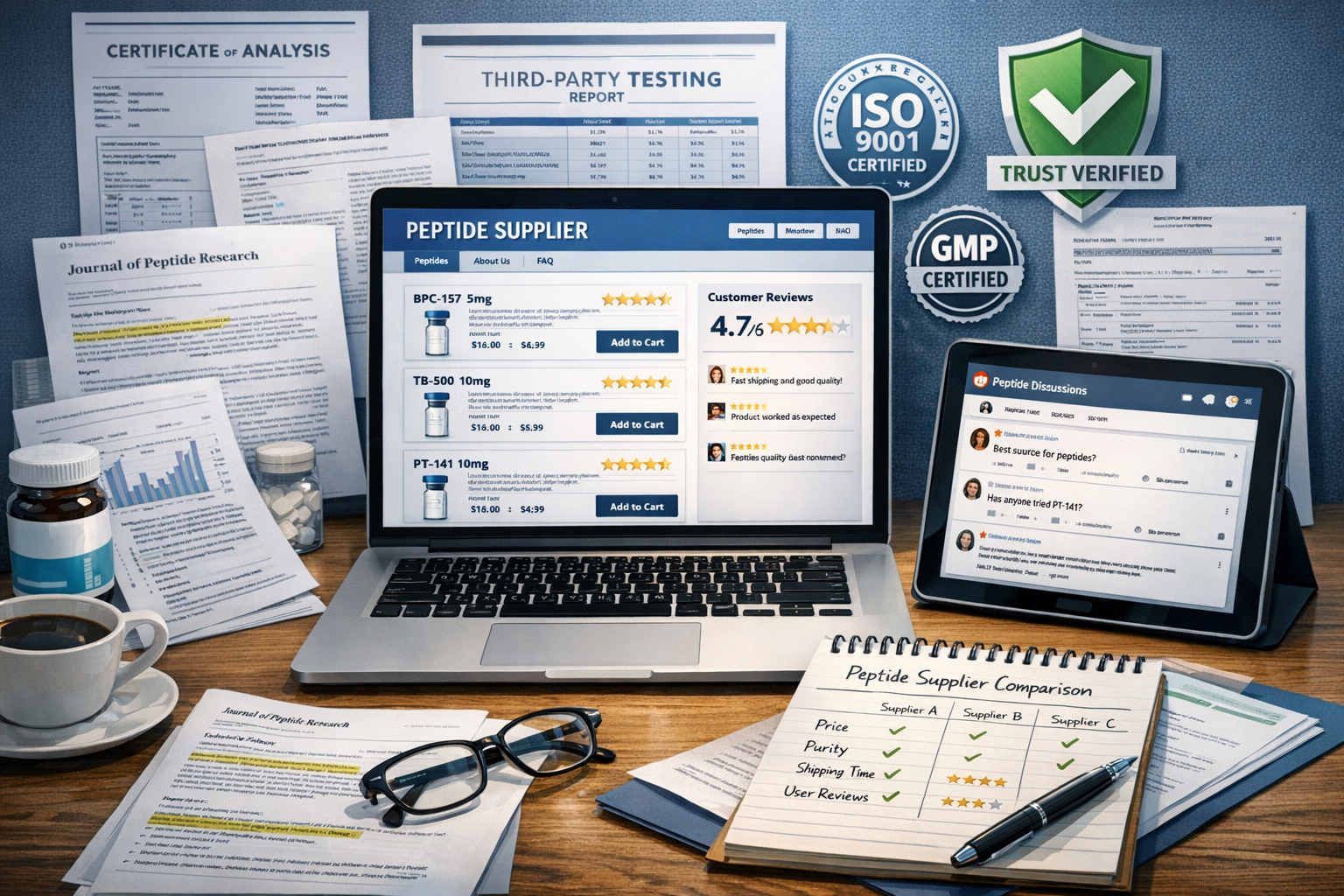 Detailed landscape image (1536x1024) showing customer research workflow: laptop screen displaying peptide supplier website with product list