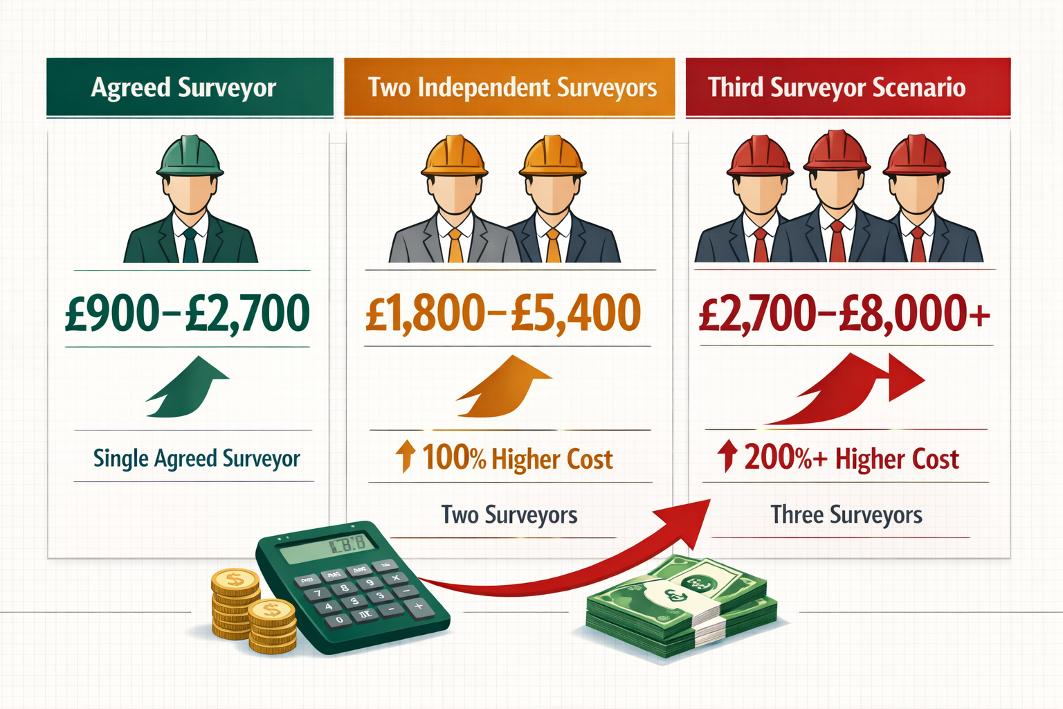 () detailed infographic showing cost comparison between agreed surveyor and independent appointee scenarios. Left column