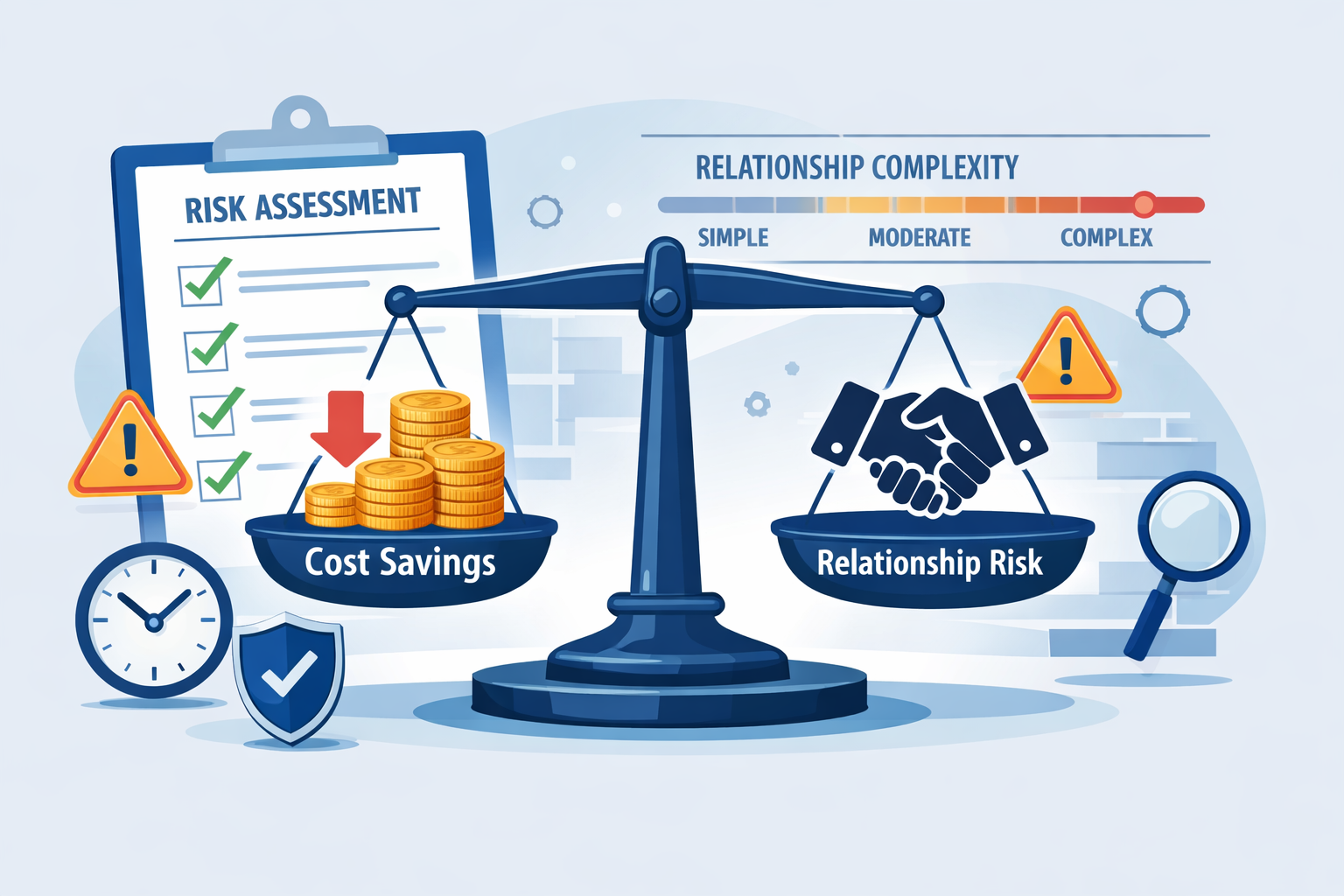 () conceptual illustration showing risk assessment scales and decision-making framework. Center features large balanced