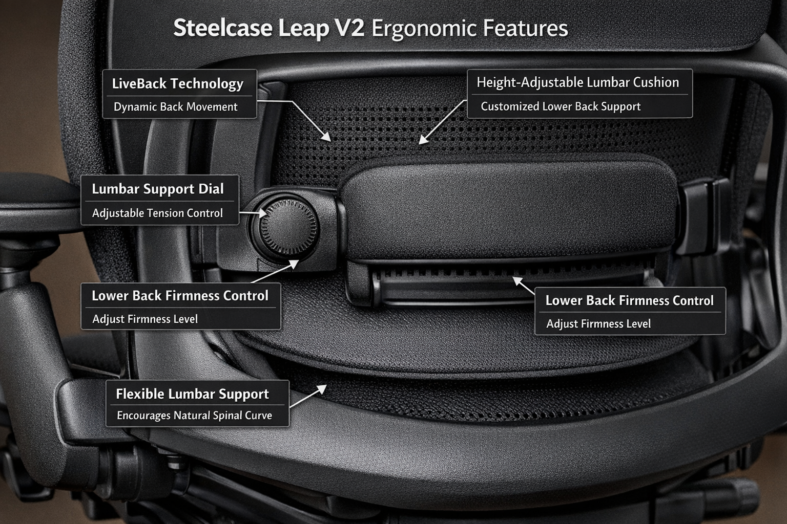 Close-up product photography showcasing Steelcase Leap V2's adjustable lumbar support mechanism and LiveBack technology with labeled callout