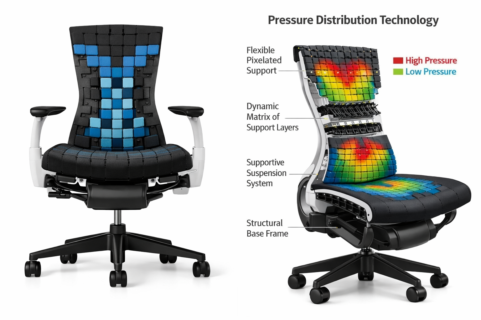 Herman Miller Embody chair product shot displaying the distinctive pixelated support backrest and seat design with cross-section diagram sho
