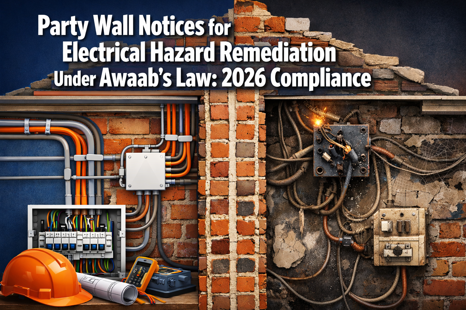 Professional () hero image with : 'Party Wall Notices for Electrical Hazard Remediation Under Awaab's Law: 2026 Compliance'