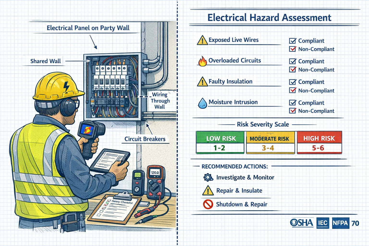() detailed technical illustration showing a surveyor conducting electrical hazard risk assessment at a party wall boundary.