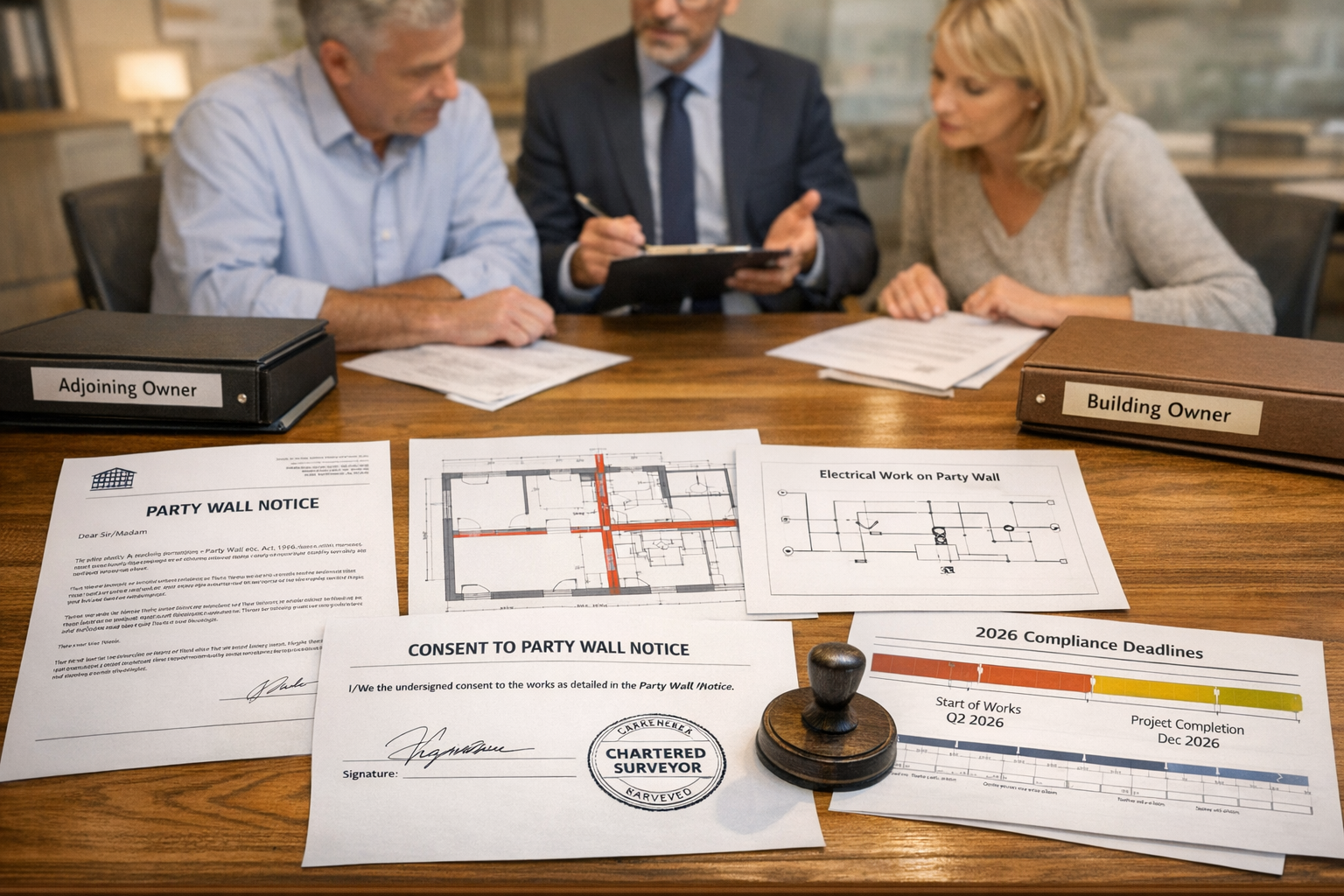 () professional photograph-style image showing formal party wall notice documentation and consent process. Scene features