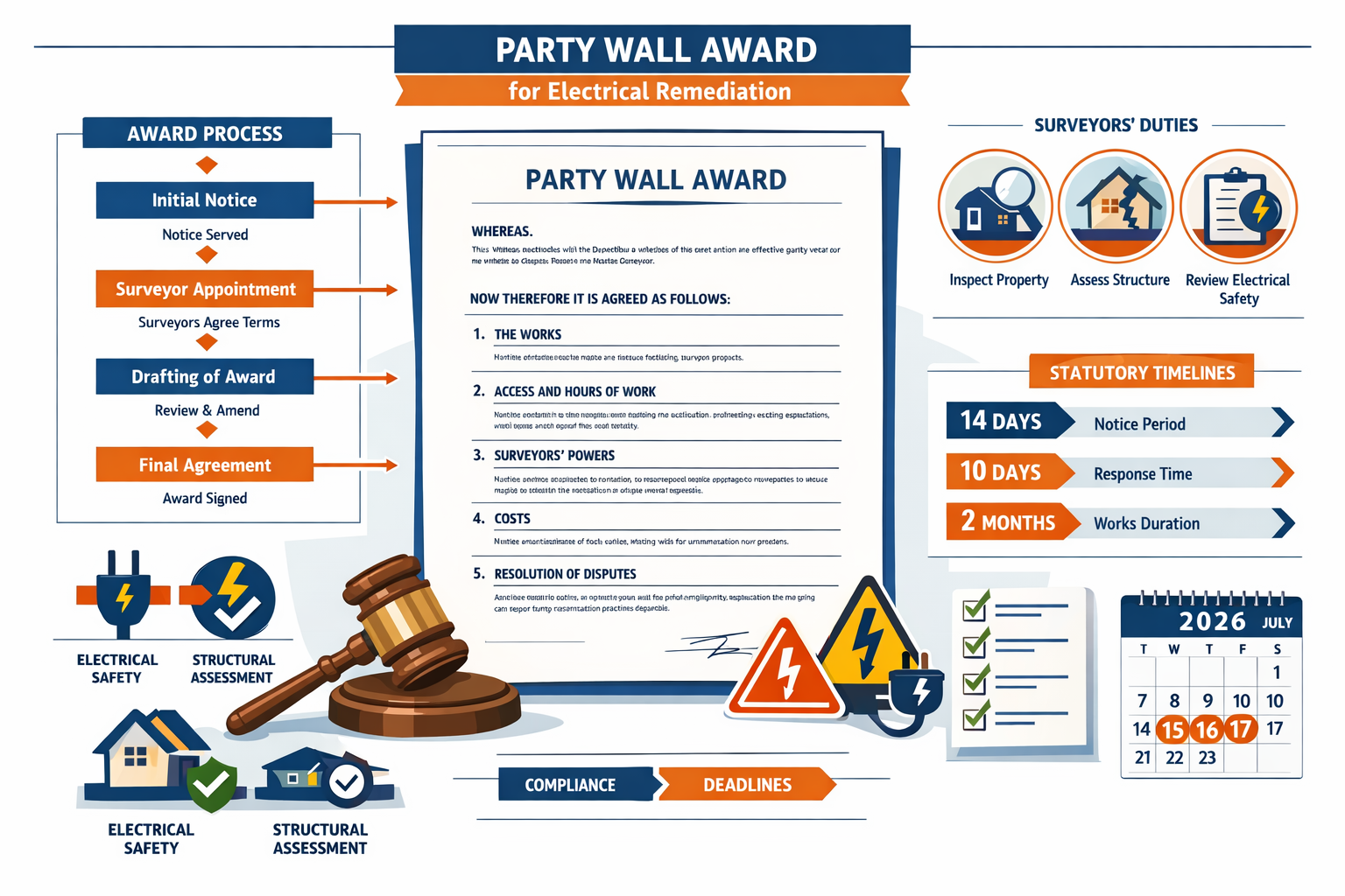 () detailed infographic-style illustration showing party wall award drafting process for electrical remediation projects.