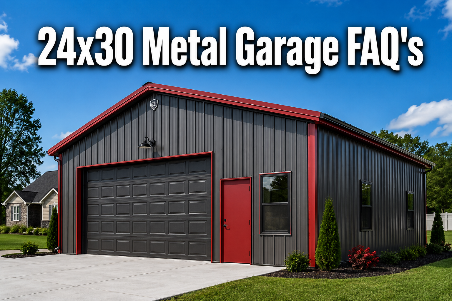 Professional () hero image with : '24x30 Metal Garage FAQ's' in extra large white with dark drop , centered in upper third
