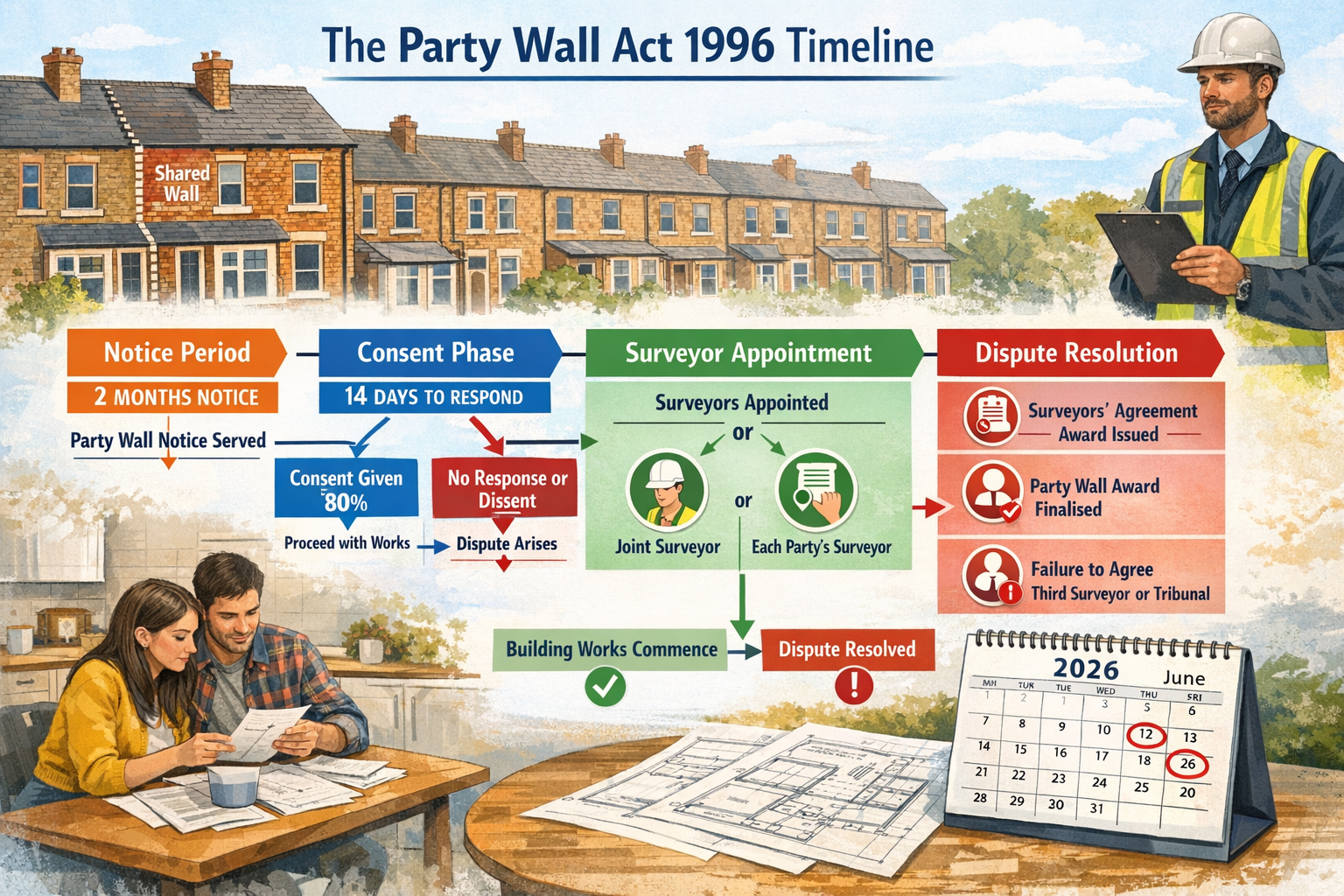 () detailed infographic showing Party Wall Act 1996 timeline flowchart with color-coded stages: notice period (2 months