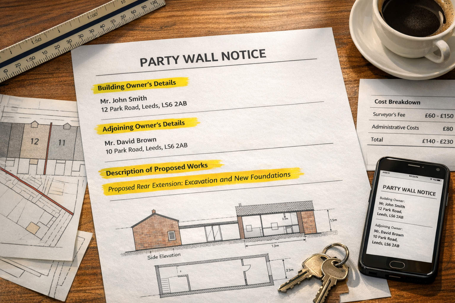 () close-up scene of official Party Wall Notice document on wooden desk with key sections highlighted in yellow marker: