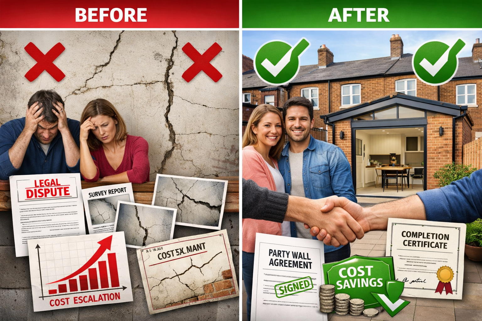 () split-screen comparison image showing 'Before' and 'After' scenarios of party wall extension dispute. Left side: stressed