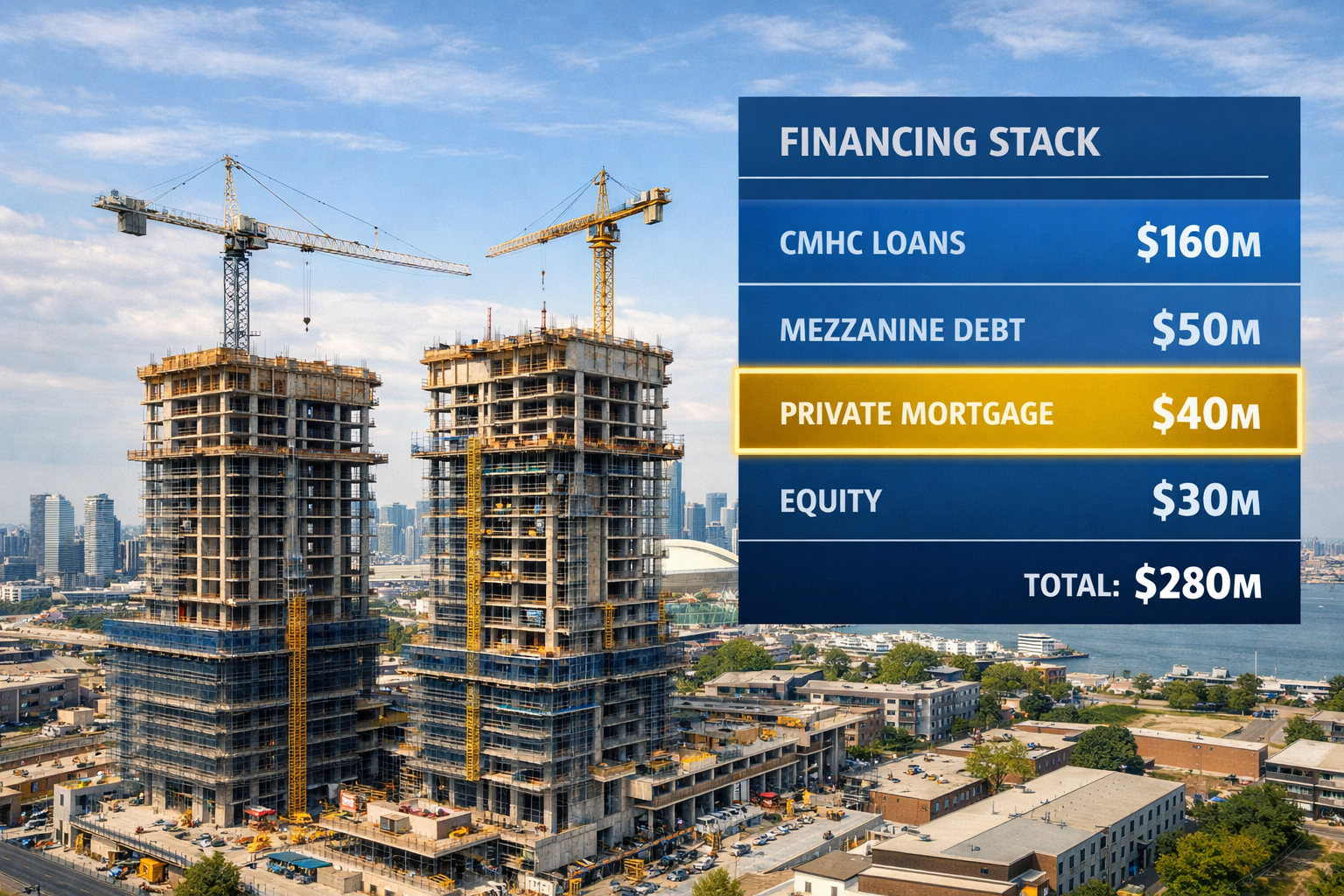 Wide-angle aerial view of a Toronto construction site featuring purpose-built rental apartment towers mid-construction,