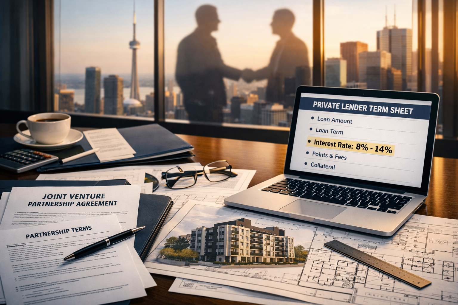 Close-up flat-lay shot of a boardroom table with joint venture partnership documents, architectural blueprints for a
