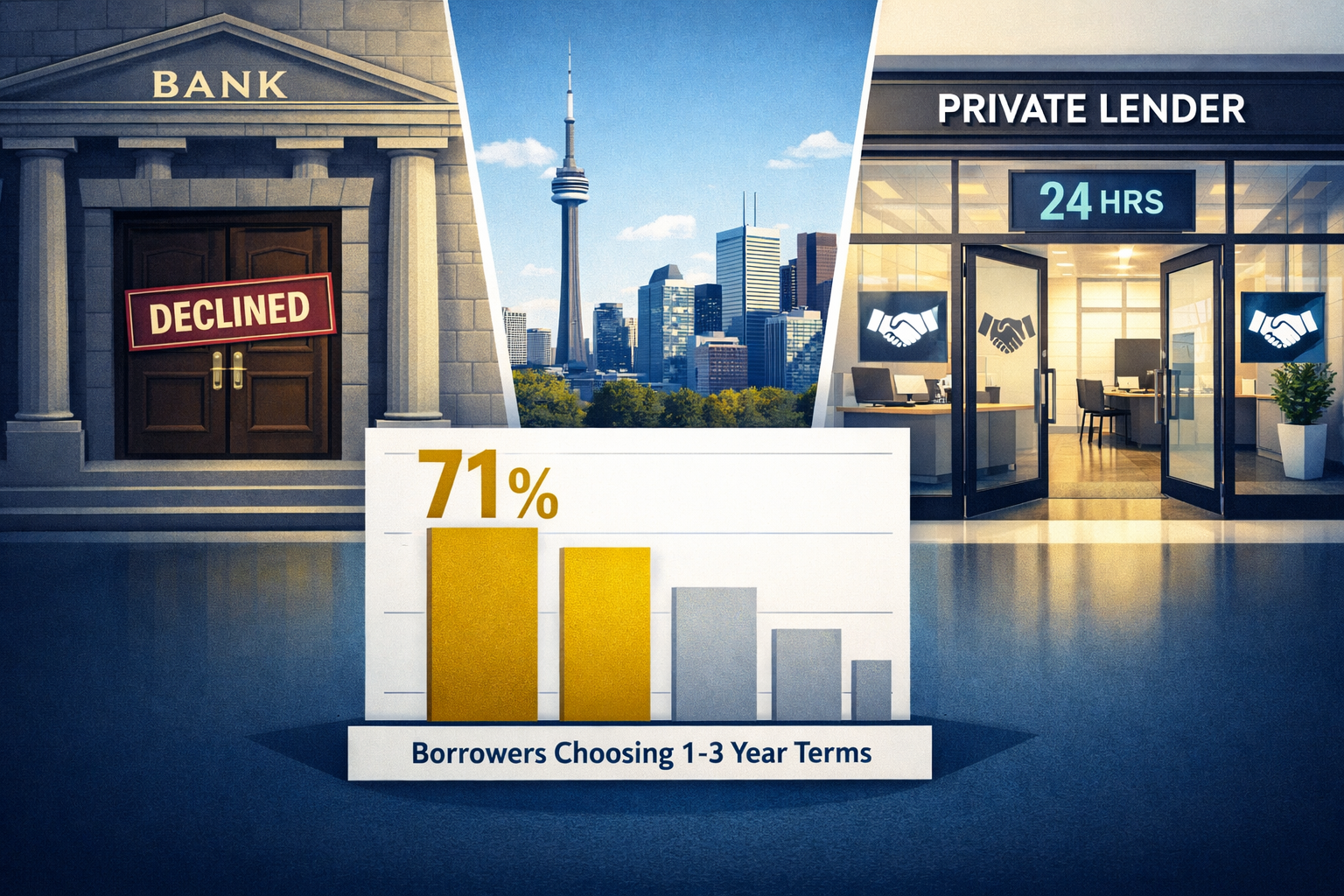Wide-angle editorial illustration showing a split-scene comparison: left side depicts a traditional bank branch with rigid