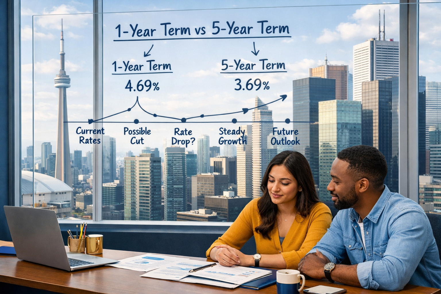 Close-up () image of a financial advisor's desk in a Toronto office with a clear glass whiteboard showing a timeline