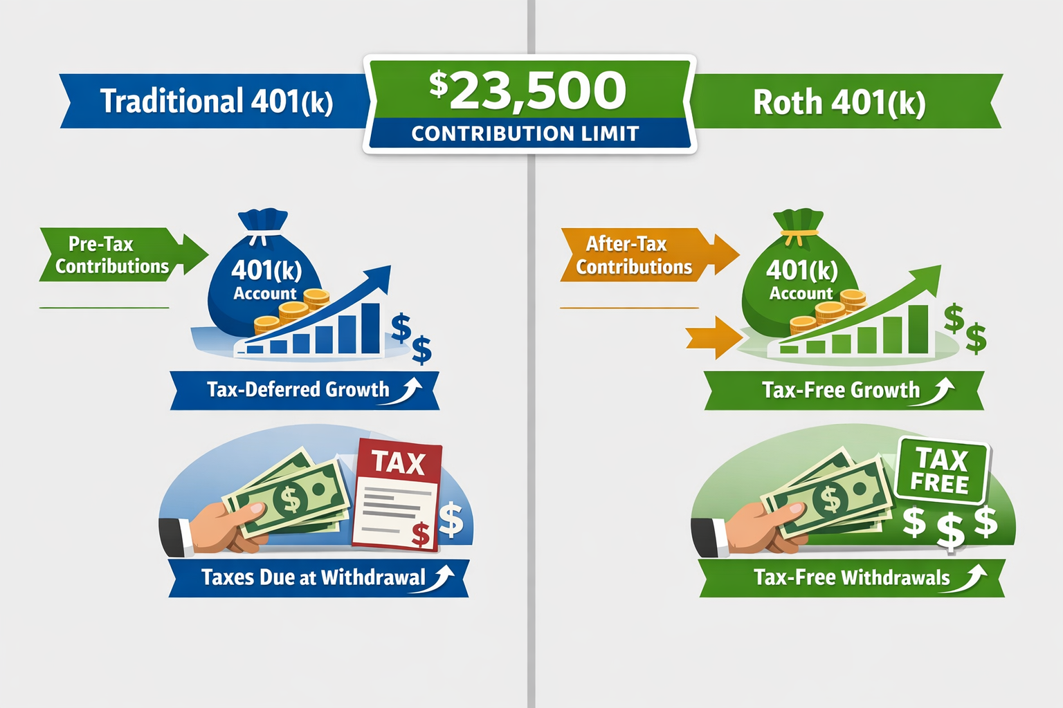 Split-screen comparison illustration showing Traditional 401(k) versus Roth 401(k) contribution strategies. Left side: Traditional 401(k) wi