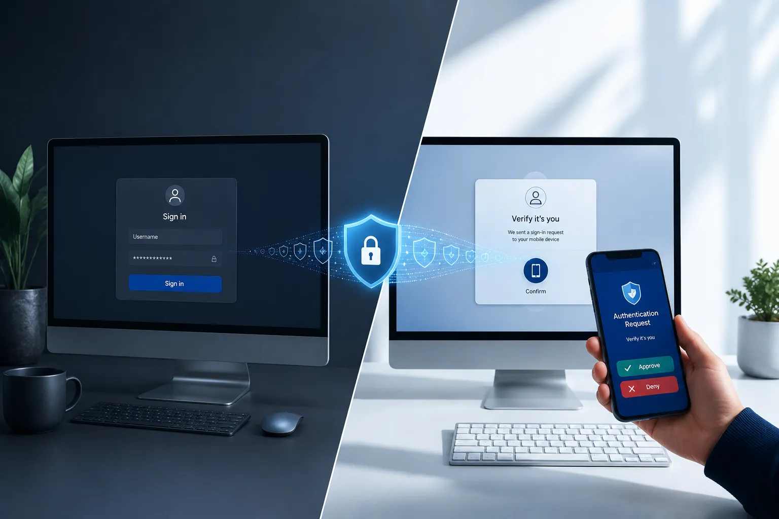 Editorial landscape () showing split-screen composition: left side displays traditional password login screen, right side