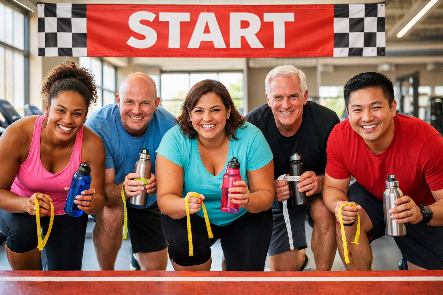 Professional hero image: diverse group of motivated adults at a starting line of a friendly weight loss challenge, holding