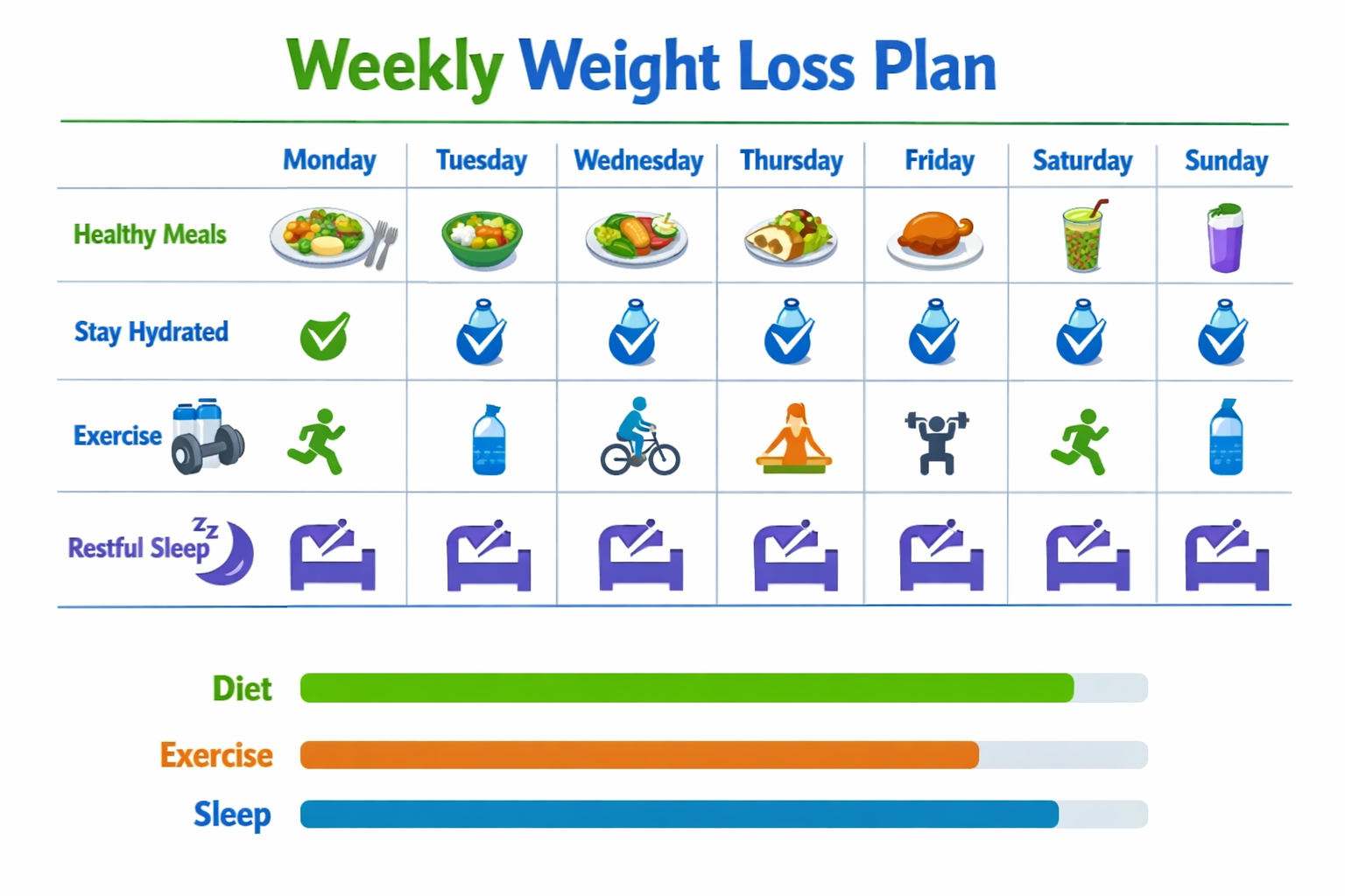 Infographic showing a weekly weight loss plan: a clean 7-day calendar grid with icons for meals, hydration, exercise, and