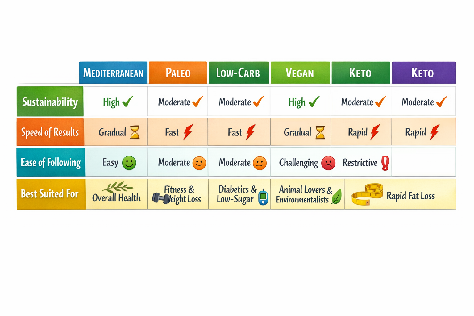 Diet comparison table infographic: Mediterranean, Paleo, Low-Carb, Vegan, and Keto diets compared across sustainability,
