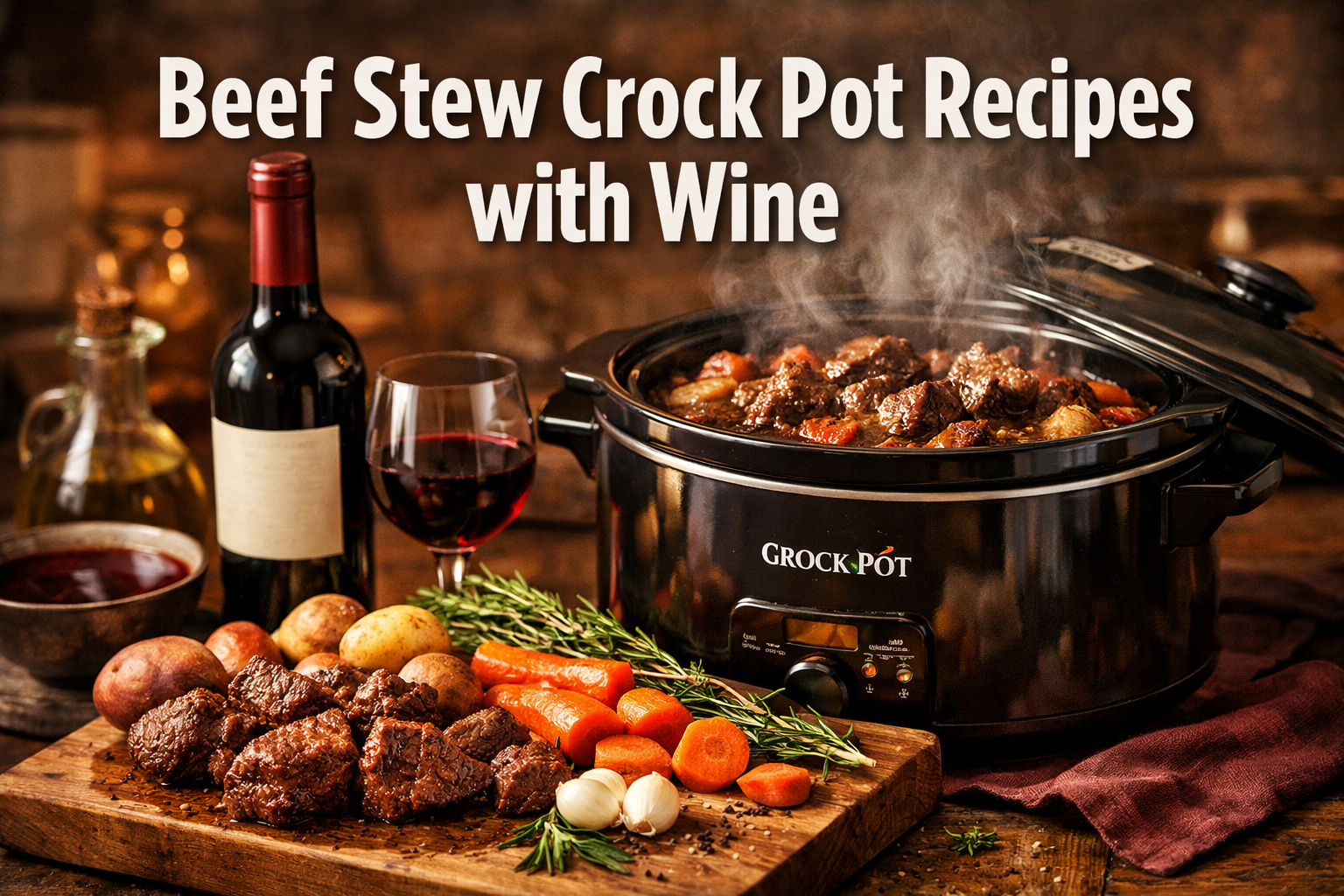 Professional landscape hero image (1536x1024) featuring bold text overlay 'Beef Stew Crock Pot Recipes with Wine' in extra large 72pt white 