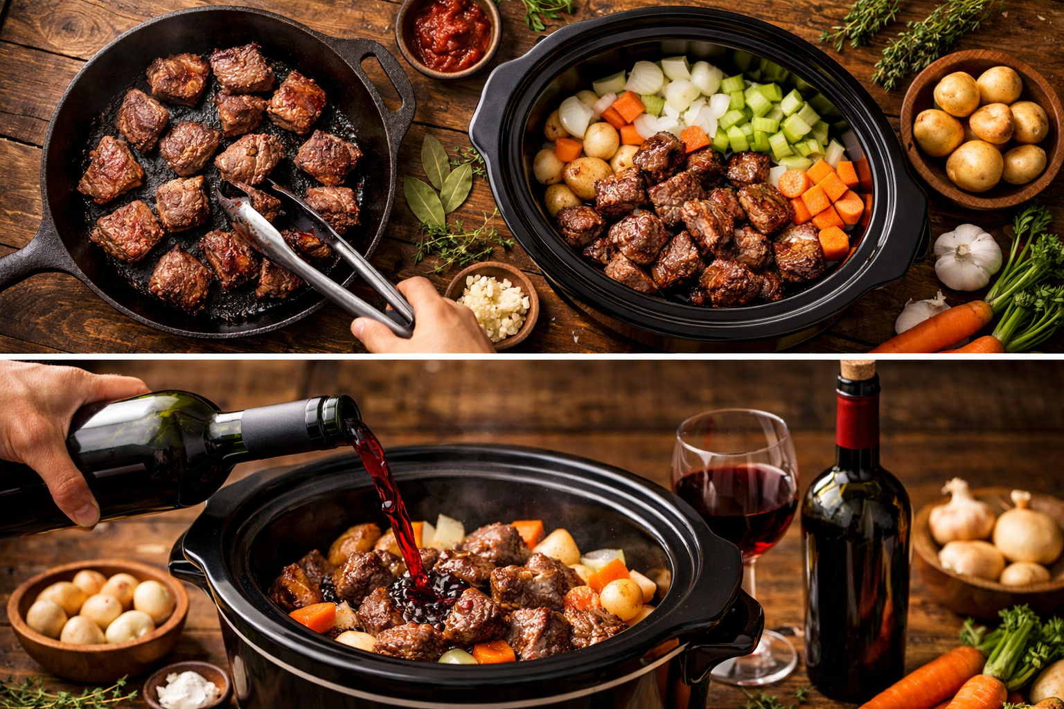 Professional food photography showing step-by-step beef stew preparation in slow cooker, raw beef chunks being seared in cast iron pan, wine