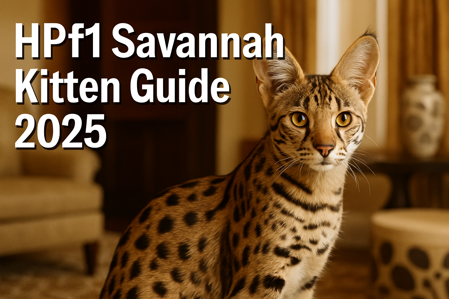 Professional landscape hero image (1536x1024) featuring a stunning HPf1 Savannah kitten with distinctive wild markings and large ears in for