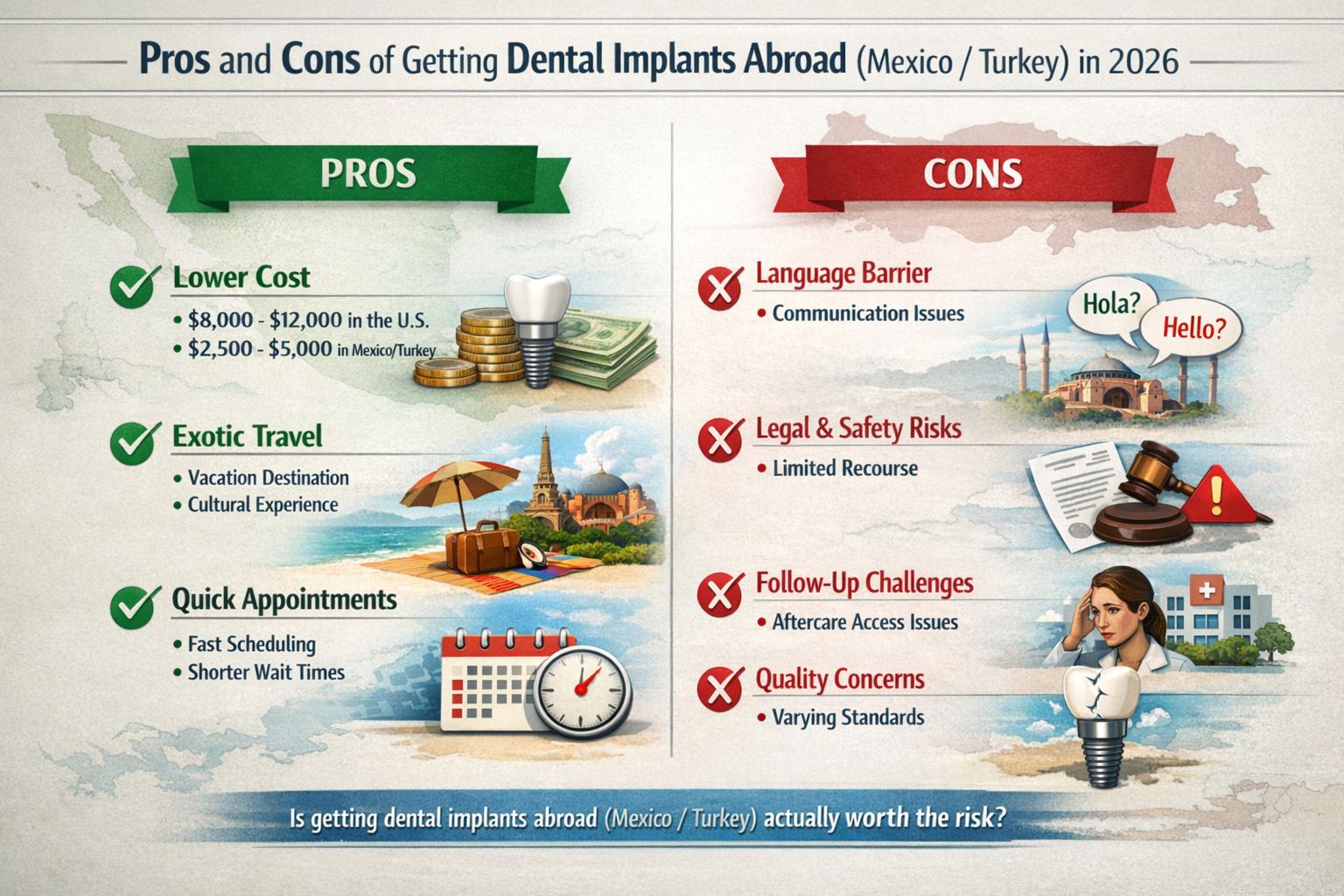A detailed infographic comparing the 'Pros and Cons of Getting Dental Implants Abroad (Mexico/Turkey)' in 2026. The left side (Pros) feature
