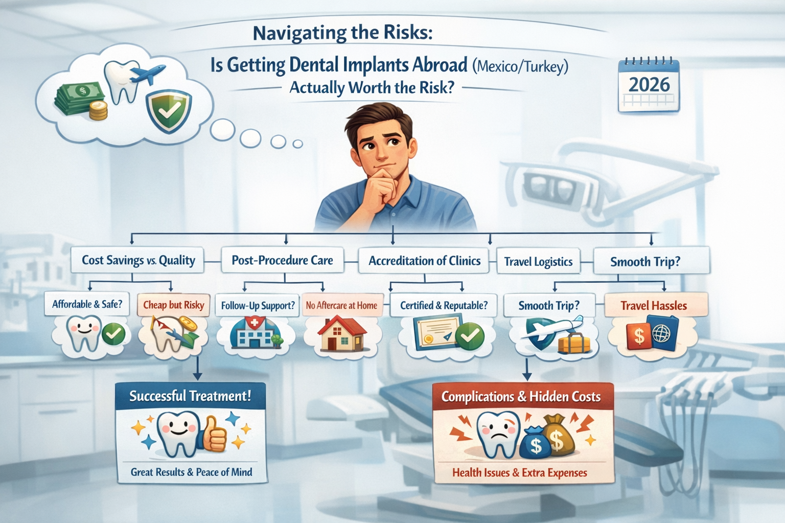 A flow chart or decision tree titled 'Navigating the Risks: Is Getting Dental Implants Abroad (Mexico/Turkey) Actually Worth the Risk?'. The
