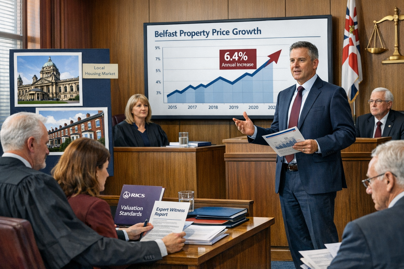 Detailed landscape format (1536x1024) image showing professional expert witness in formal business attire presenting valuation evidence in N