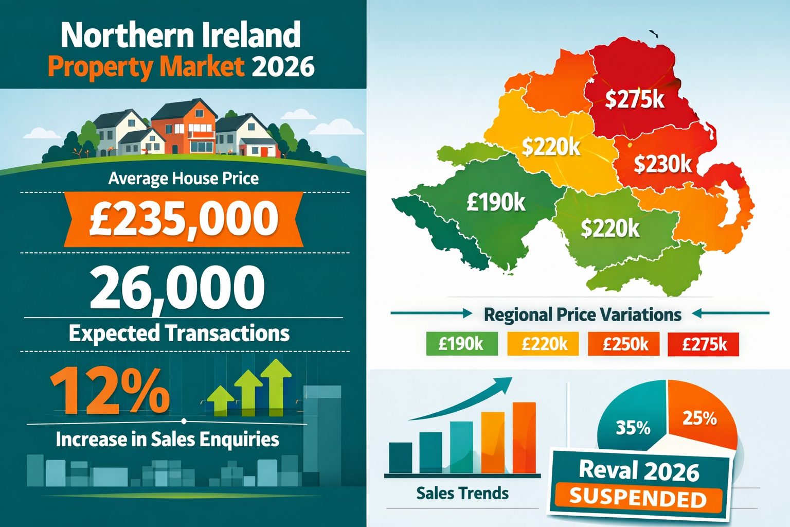 Comprehensive landscape format (1536x1024) infographic illustration displaying Northern Ireland property market data for 2026, split-screen 