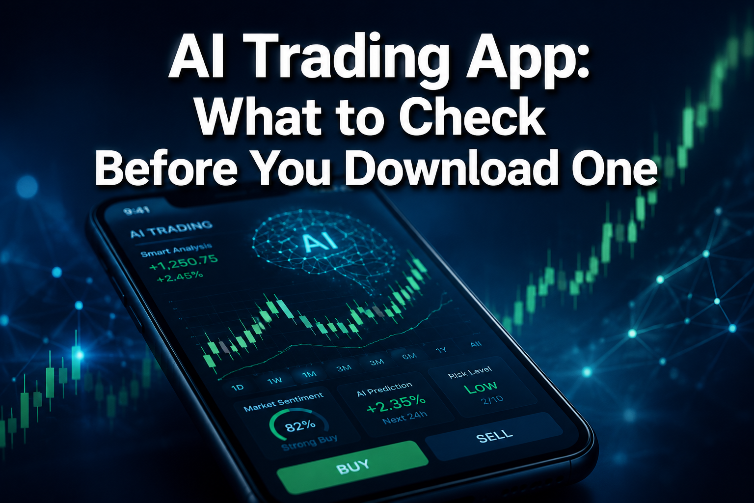 Professional () hero image with : 'AI Trading App: What to Check Before You Download One' in extra large white with dark
