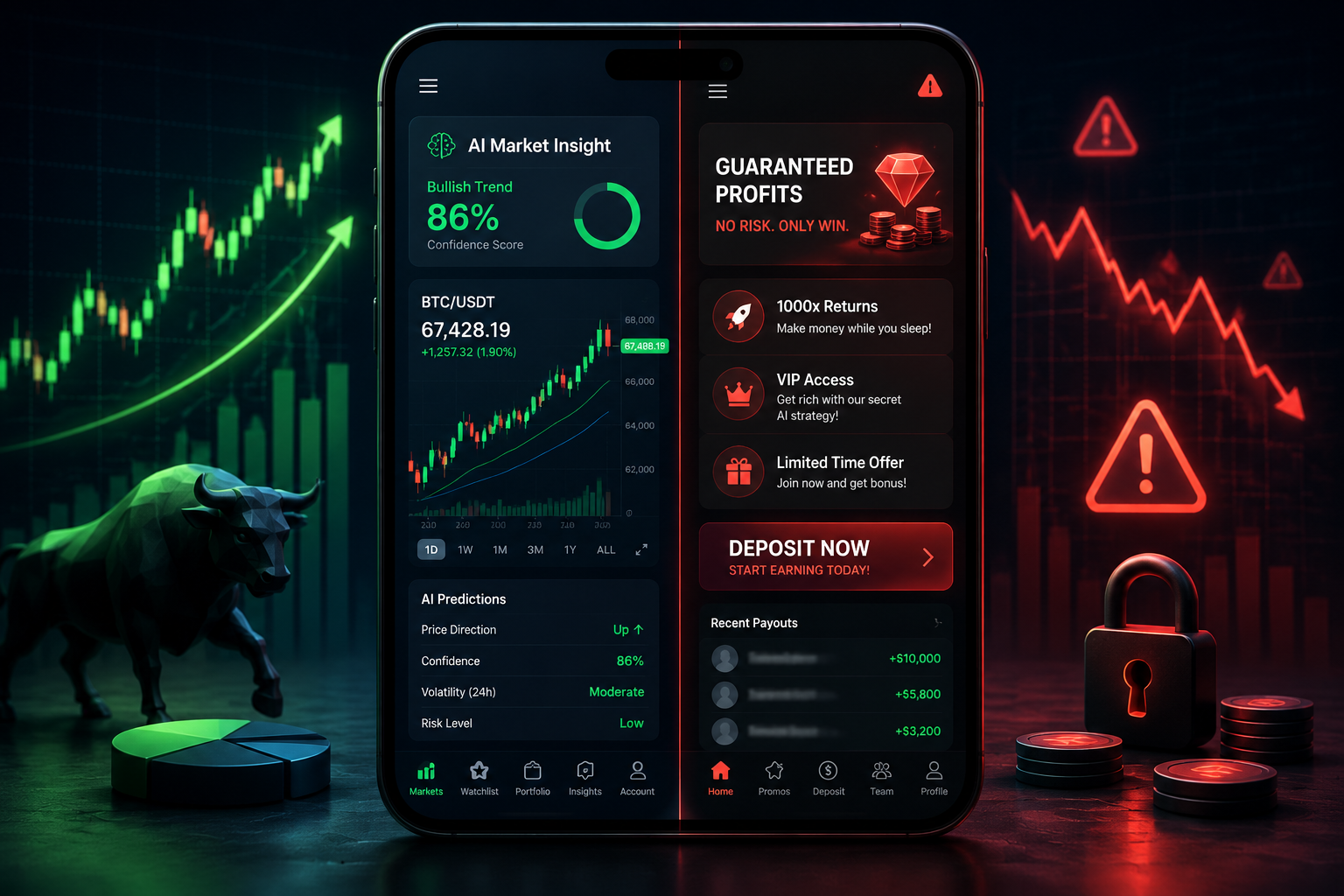 () editorial illustration showing a split-screen smartphone: left side displays a legitimate AI trading app with clean