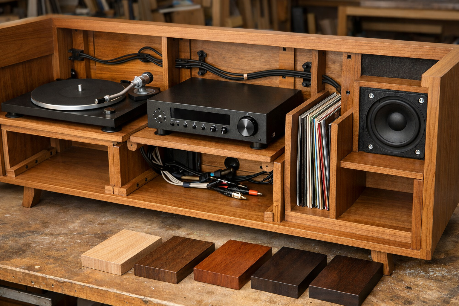Detailed () image showcasing a partially assembled custom wooden record player console. The internal compartments are