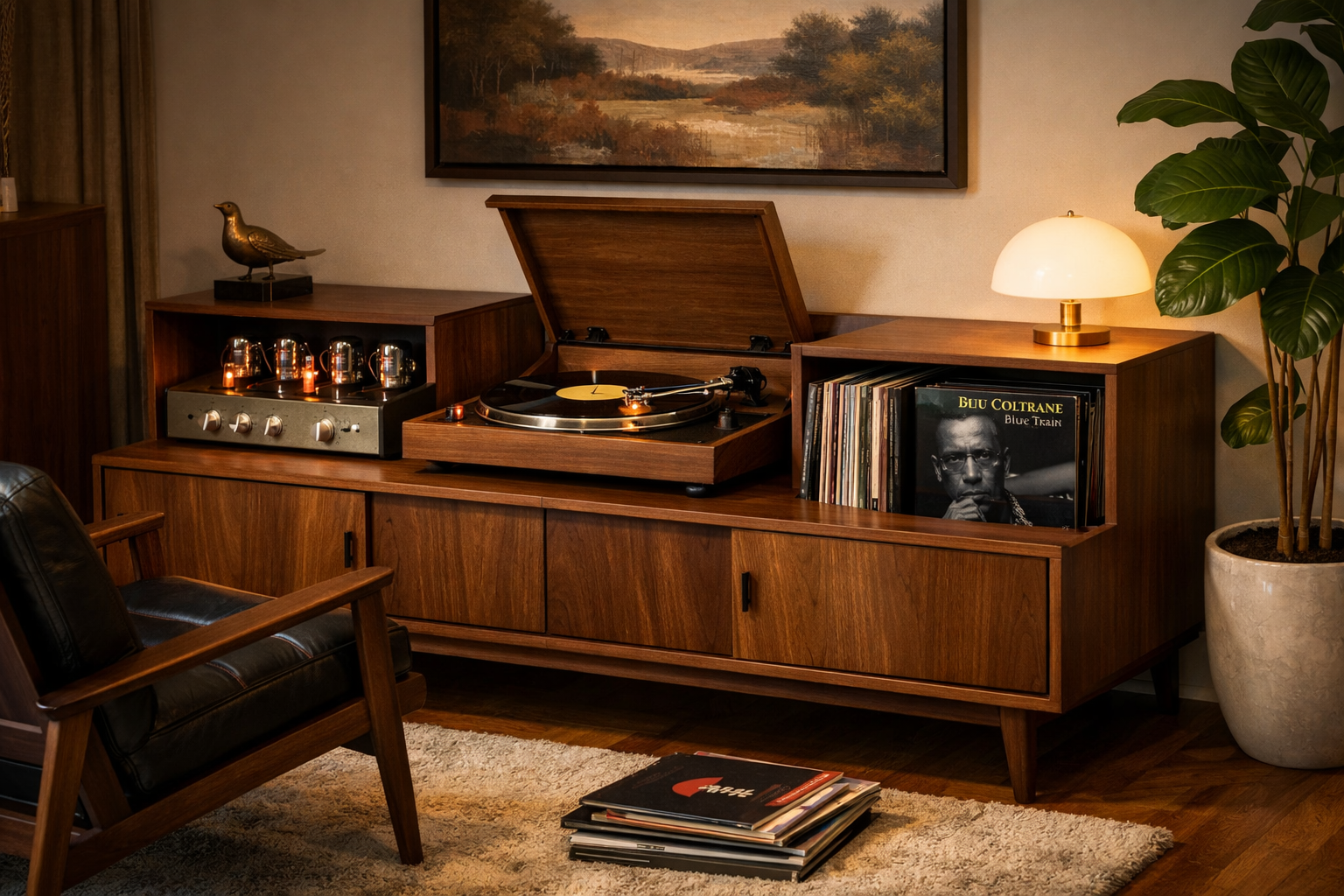 Detailed () image of a beautifully finished custom wooden record player console in a stylish mid-century modern living room.